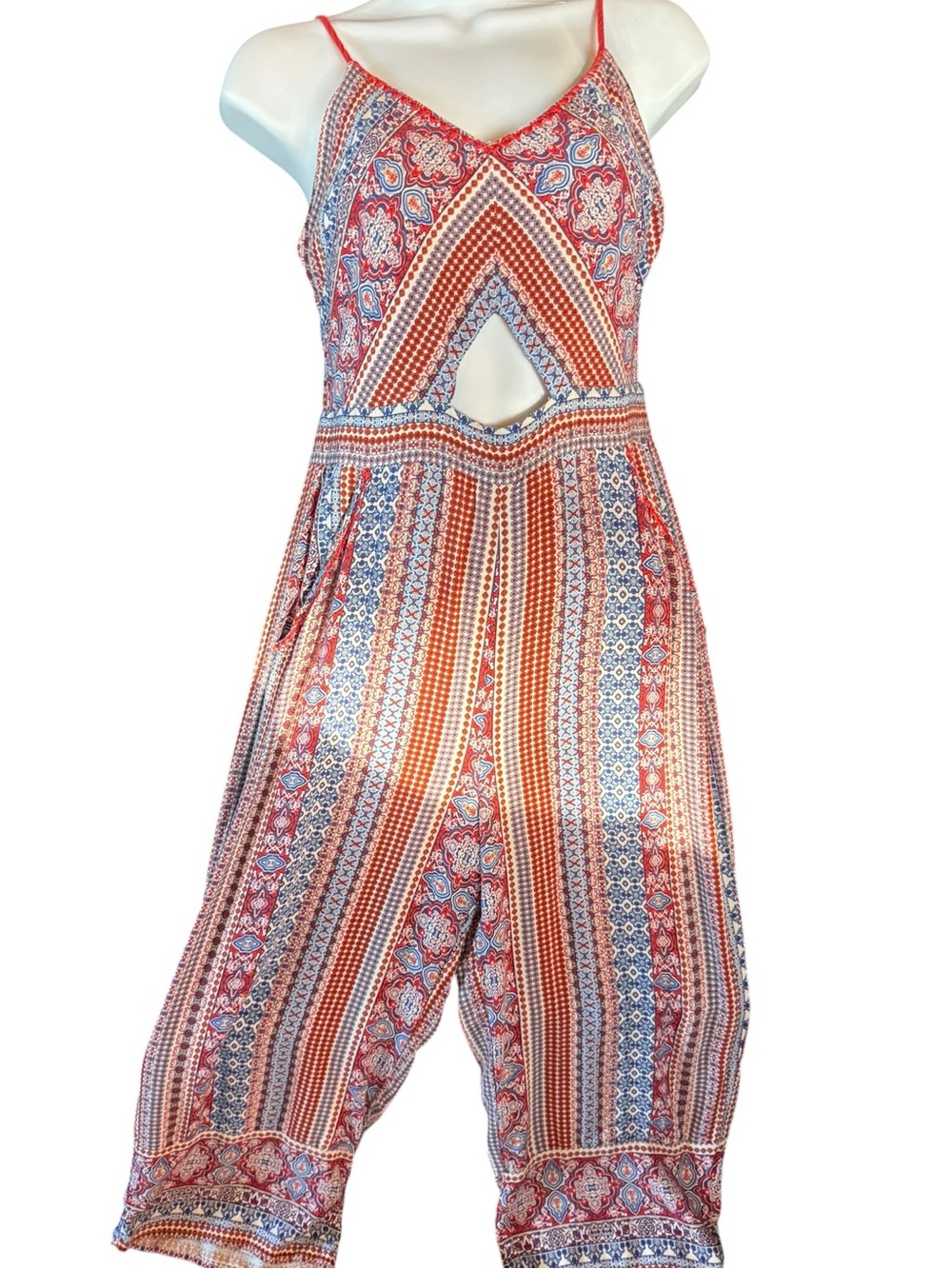 Boho red, white and blue  Printed Cutout Jumpsuit POCKETS!!